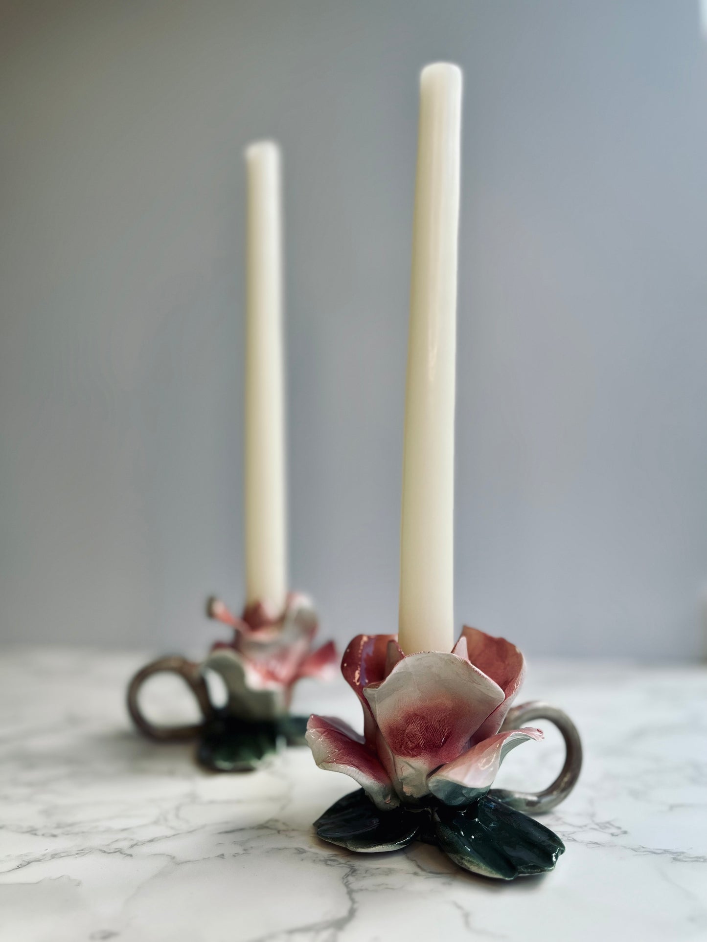 Vintage Hand Painted Porcelain Rose Candle Holders