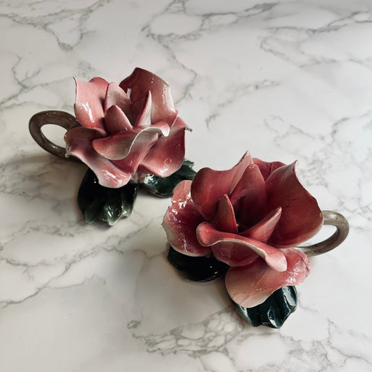 Vintage Hand Painted Porcelain Rose Candle Holders