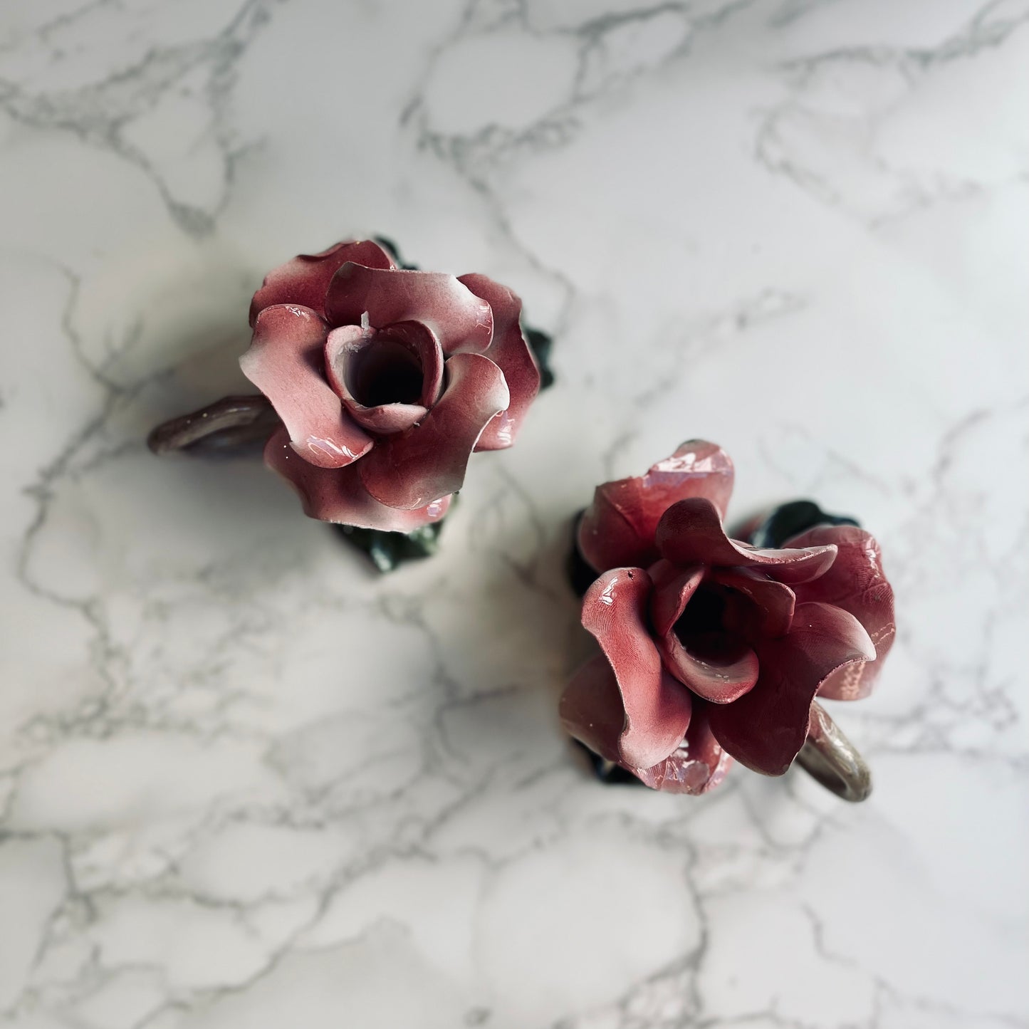 Vintage Hand Painted Porcelain Rose Candle Holders